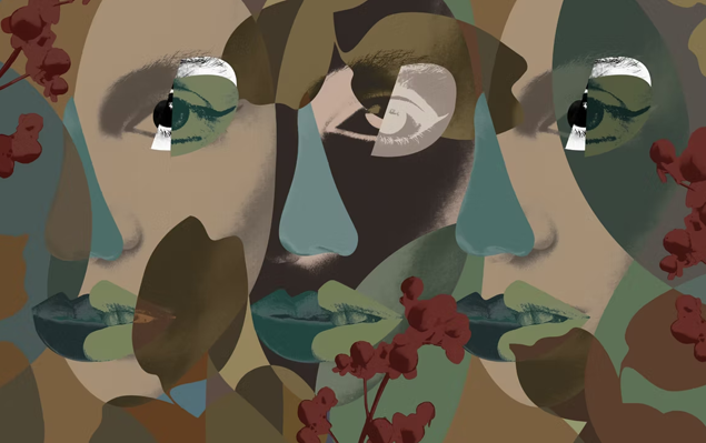 Abstract artwork with a stylized face and floral elements on a white background