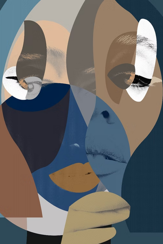 Abstract art piece with geometric shapes in brown, blue, and white on a white background